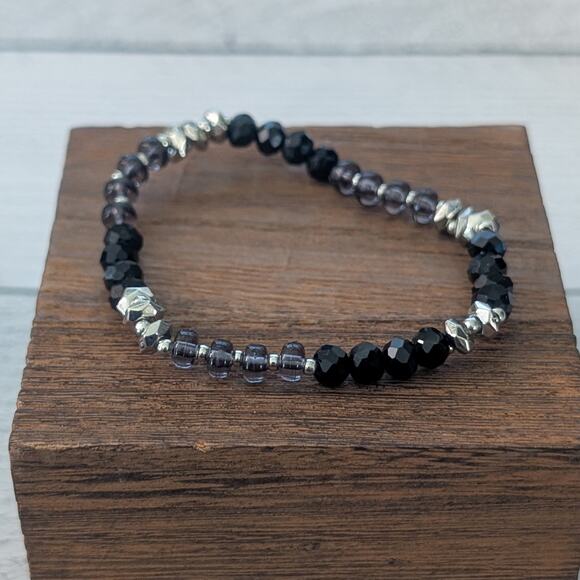 Black, Silver Tone & Smokey Tones Stretch Bracelet - Picture 1 of 3